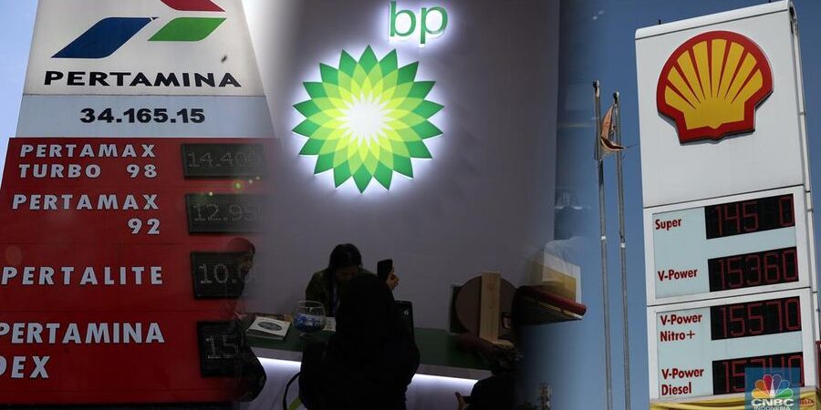 Foto: Foto kolase spbu Pertamina, Shell, dan BP. (CNBC Indonesia)